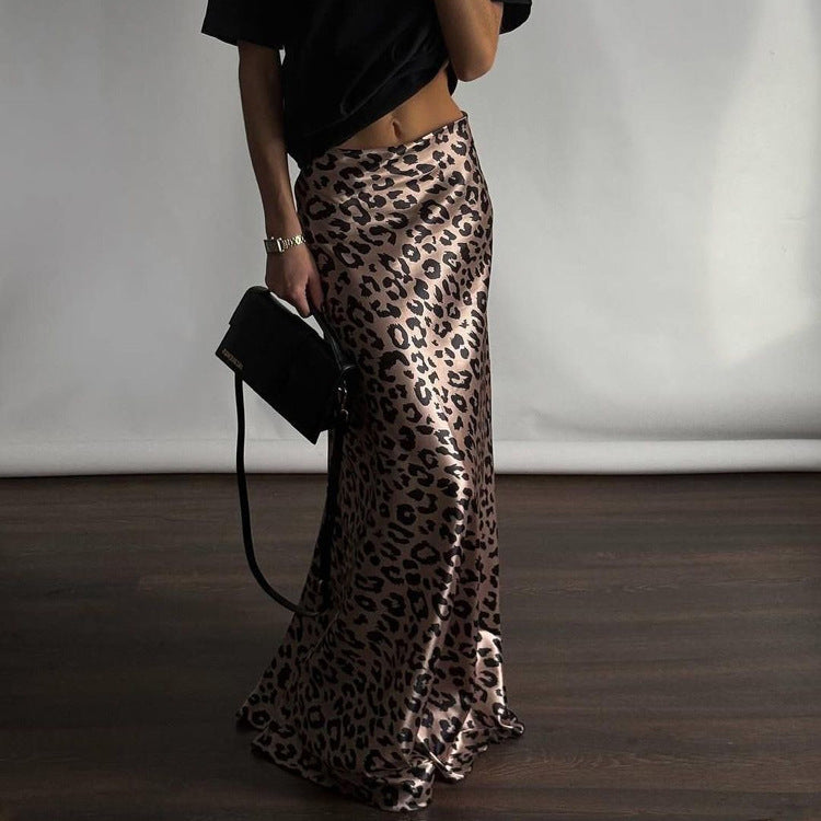 Satin Draping Skirt Leopard Print Sheath Fishtail