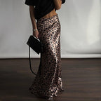 Satin Draping Skirt Leopard Print Sheath Fishtail
