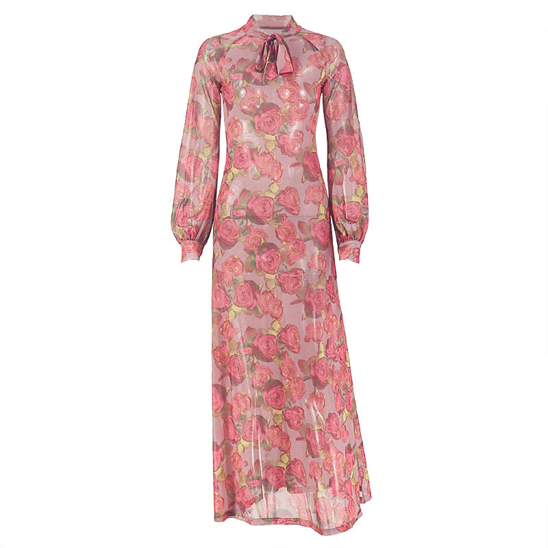 Women's Waist Loose A Line Round Neck Floral Draped Dress