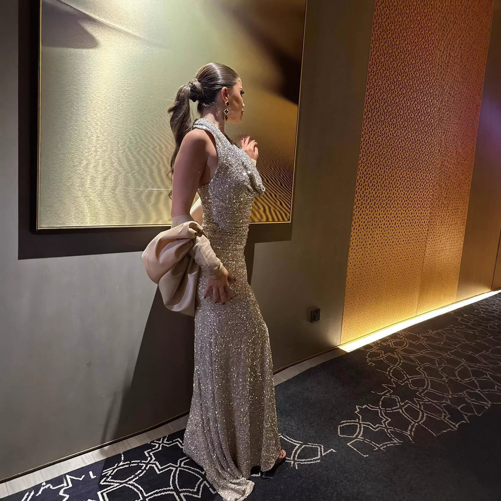Women's Sequin Halter Maxi Dress with Shawl