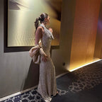 Women's Sequin Halter Maxi Dress with Shawl
