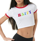 Women’s Happy Letter Graphic Cropped T Shirt