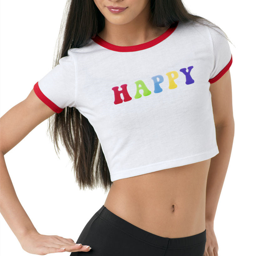 Women’s Happy Letter Graphic Cropped T Shirt