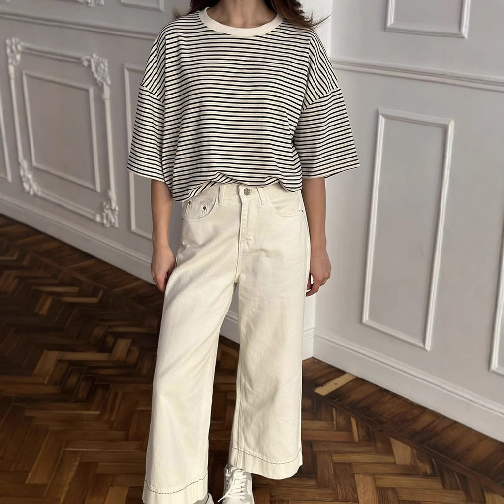 Women's Black White Striped Short Sleeved T Shirt For Women Spring Summer Contrast Color Loose T Shirt Round Neck Casual Top Bottoming Shirt