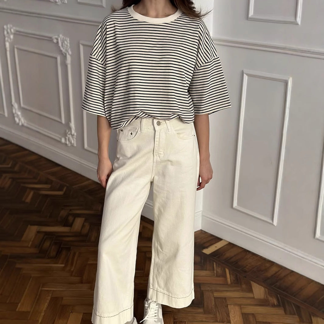 Women's Black White Striped Short Sleeved T Shirt For Women Spring Summer Contrast Color Loose T Shirt Round Neck Casual Top Bottoming Shirt