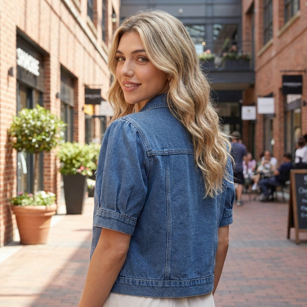 Women's Short-Sleeve Washed Denim Jacket