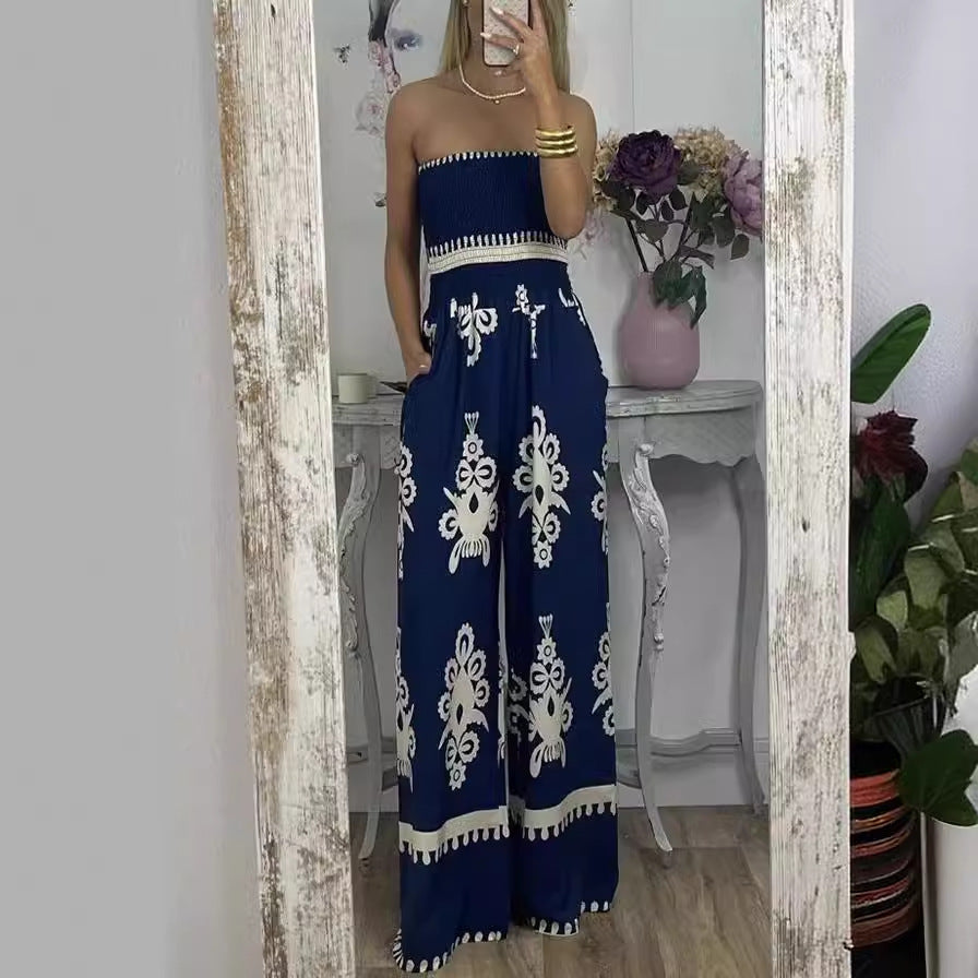 Street Hipster Wrapped Chest Printed Jumpsuit High Waist Casual Pants Women
