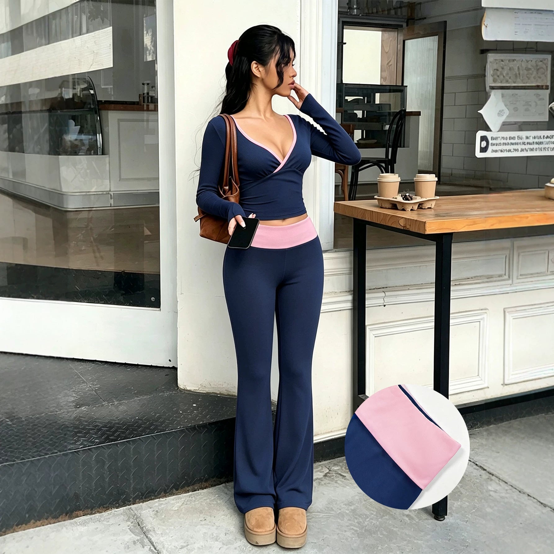 Women's Contrast-Color V-Neck Top & Bootcut Pants Set