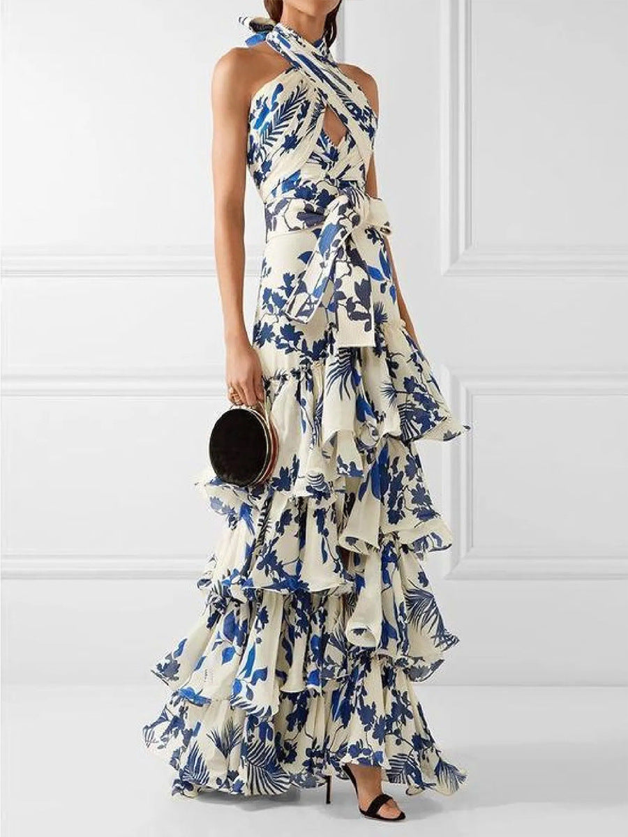 Women's Boho Floral Halter Ruffled Maxi Dress