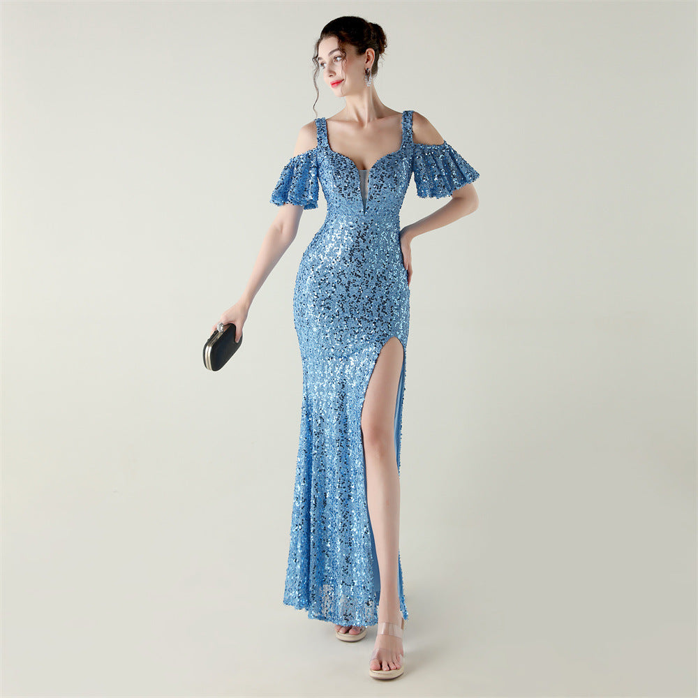 Women's Sequin Deep V High Slit Evening Maxi Dress