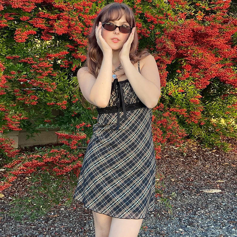 Plaid Lace-Trim A-Line Dress