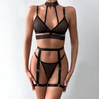 Women Clothing Thin See through Comfortable Halter Sexy Lingerie Three Piece Set