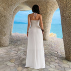 White halter maxi summer dress, open-back with tie straps