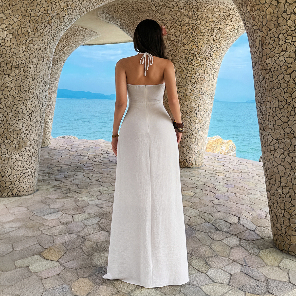 White halter maxi summer dress, open-back with tie straps