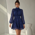 's Autumn Solid Color Chiffon Dress Stand Up Collar Puff Sleeve Bow Dress