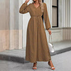 Autumn V-Neck Waist Trimming Printing Long Sleeve Dress