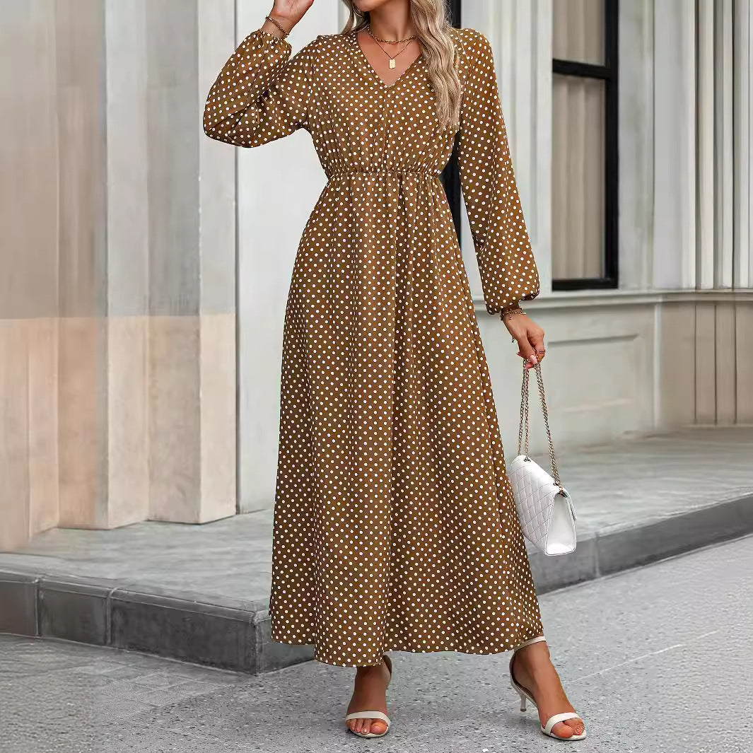Autumn V-Neck Waist Trimming Printing Long Sleeve Dress