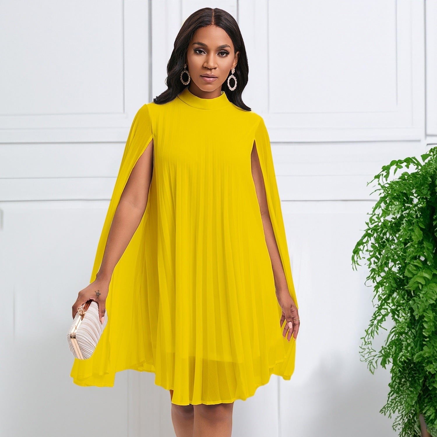 Women's Stand-Collar Cutout Pleated Long-Sleeve Dress