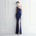 Women's Ruffled Mesh See Through Ceremonial Hosting Formal Occasion Long Dress