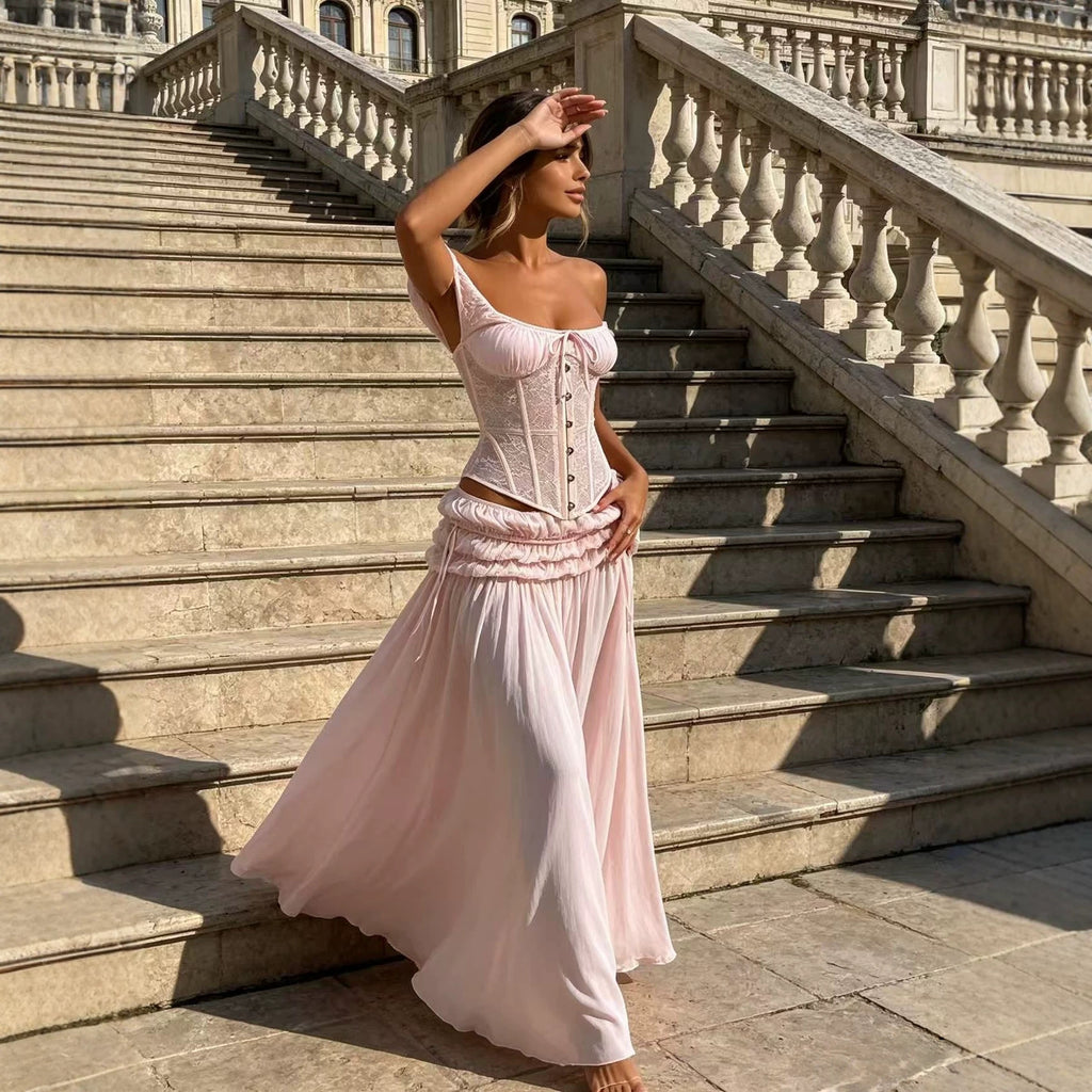 Women's Lace Strapless Top and Pleated Skirt Set