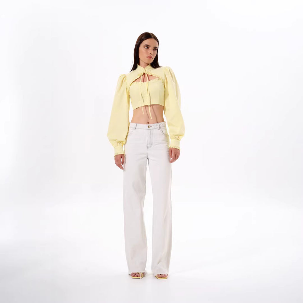 Women's Personality Shoulder Puff Sleeve Lace Stand Collar Shirt