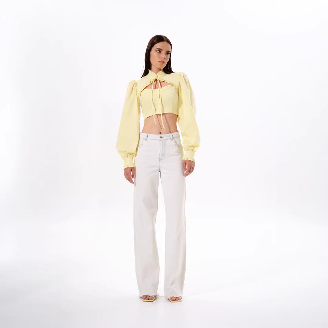 Women's Personality Shoulder Puff Sleeve Lace Stand Collar Shirt