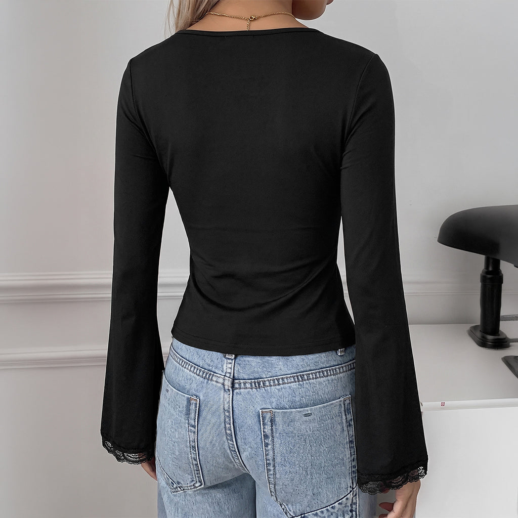 Women's Clothing Autumn V Neck Flared Sleeves Solid Color Slim Fit Top
