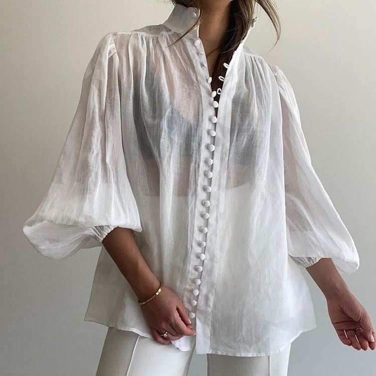 French Single Breasted Shirt Stand Collar Puff Sleeve Loose