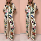 Graffiti Printing Satin Short Sleeved Collared Shirt Trousers Casual Two Piece Suit Amplified craft
