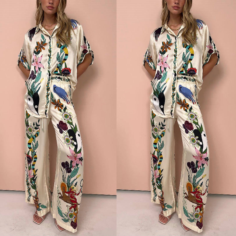 Graffiti Printing Satin Short Sleeved Collared Shirt Trousers Casual Two Piece Suit Amplified craft