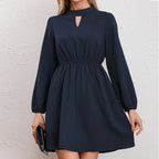Mock-Neck Cutout Lantern-Sleeve A-Line Mini Dress