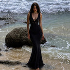 Women's Black Lace V-Neck Fishtail Evening Maxi Dress