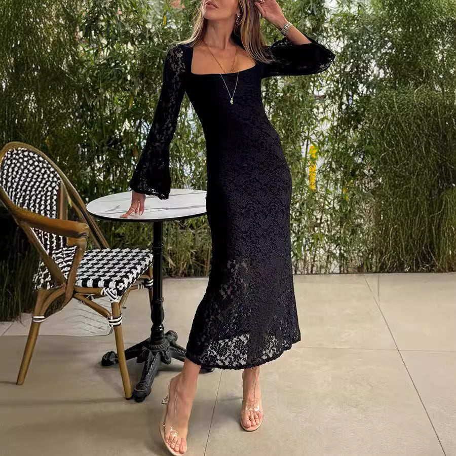 Women's Lace Long-Sleeve Slit Dress
