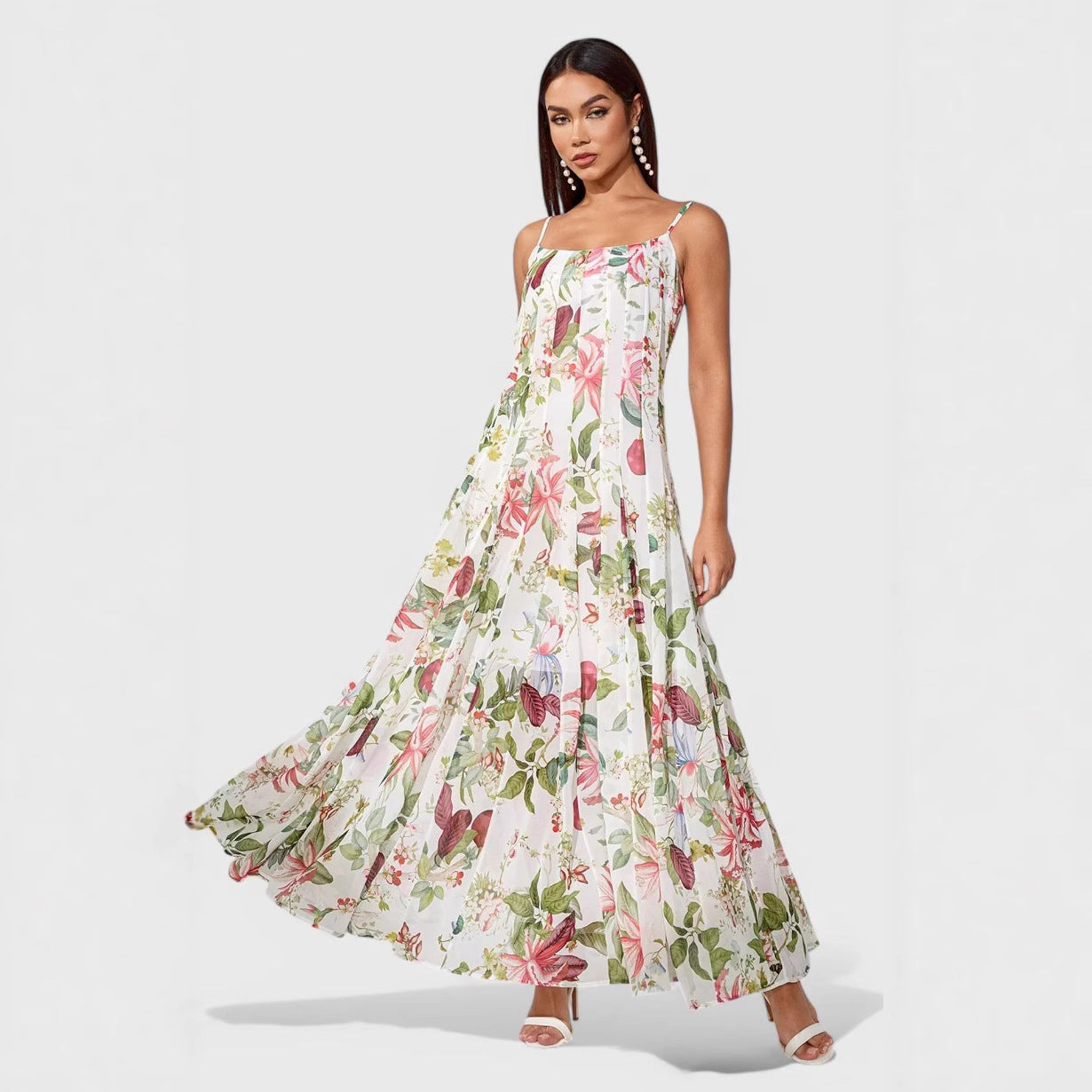 Floral Spaghetti-Strap A-Line Maxi Dress