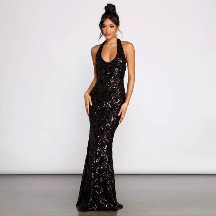 Women's Women Clothing Sexy Hanging Collar Sequ Dress All Matching Formal Dress