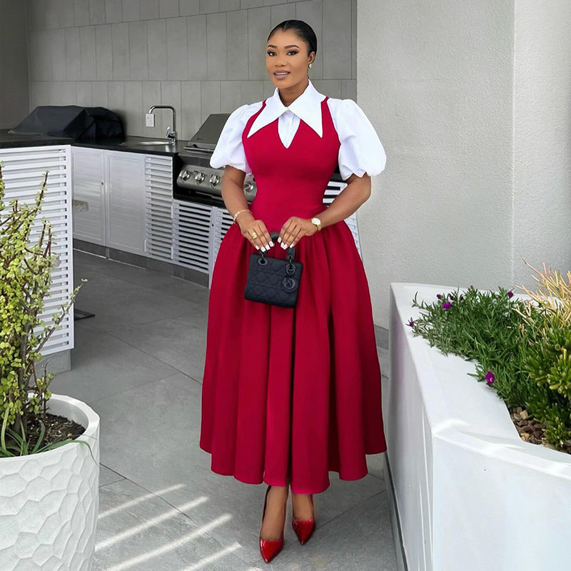 Autumn Elegant Bubble Sleeve Shirt Collar High-Waist Dress Faux Two Pieces