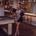 Black Rhinestone Sheer Long-Sleeve Dress