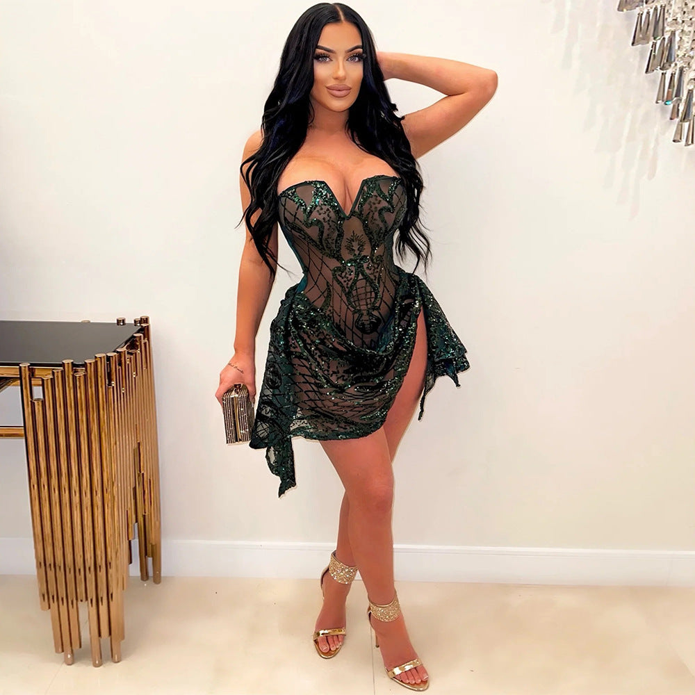V-Neck Strapless See Through Sequin Dress Fashionable Irregular Asymmetric