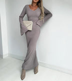 Women's Ribbed V-Neck Trumpet-Sleeve Sweater Maxi Dress