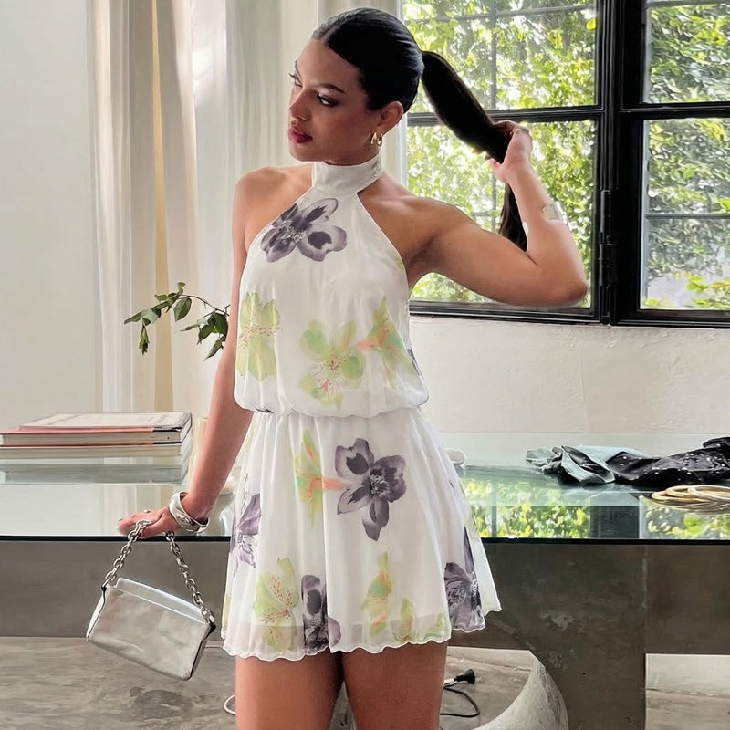 Women's Summer Printed I Halter Fitted Waist Backless Lace up Dress