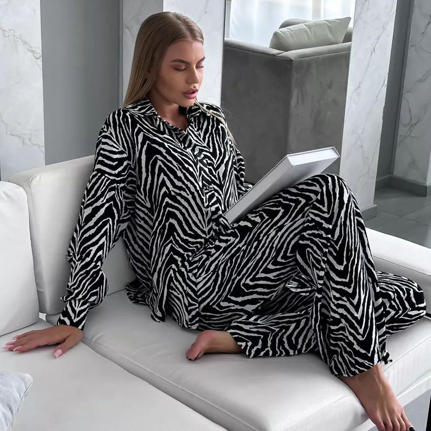 Striped Printed Long Sleeves Trousers Home Wear Two Piece Set Casual Cardigan Comfortable Suitable for Daily Wear Women