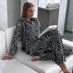 Striped Printed Long Sleeves Trousers Home Wear Two Piece Set Casual Cardigan Comfortable Suitable for Daily Wear Women