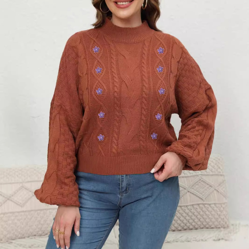Plus Size Women Sweater Half Turtleneck Lantern Sleeve Floral Embroidery Stickers Pullover Sweater
