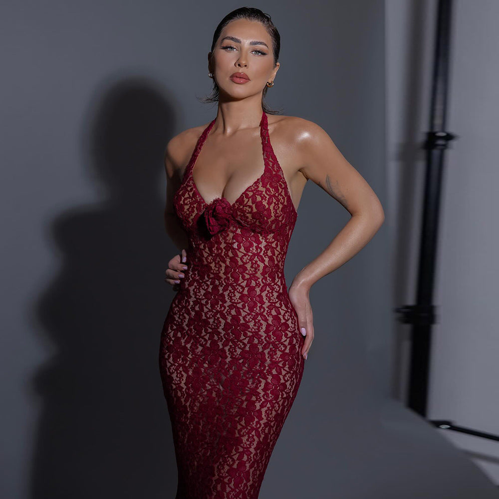 Summer Halterneck with Strappys Slim Fit Lace Mesh Dress Maxi Evening
