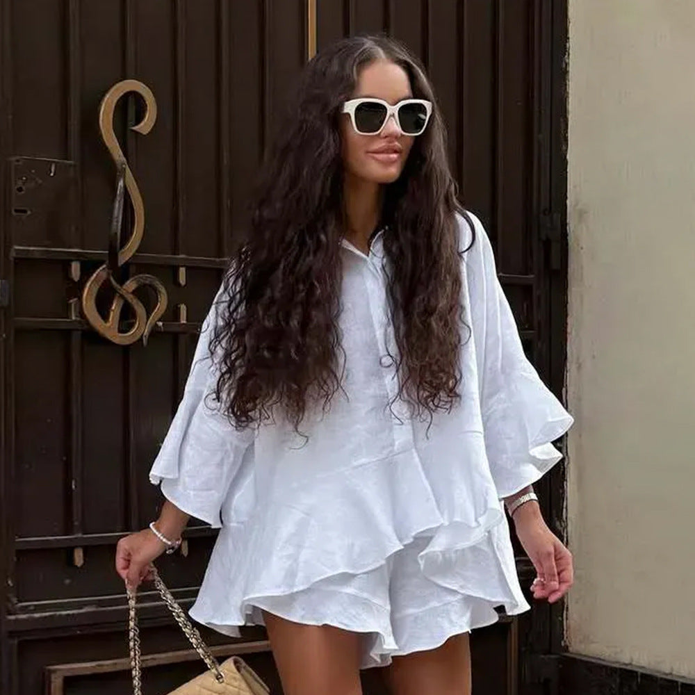 Loose Shirt Shorts Summer Ruffled 3/4 Sleeve Top Shorts Two