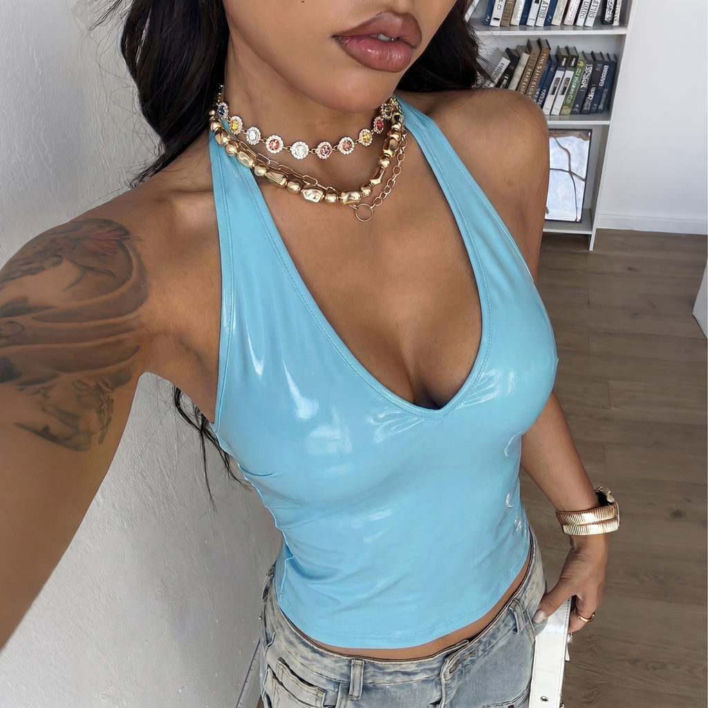 Summer Women Solid Color Sexy SL Halter Vest Faux Leather