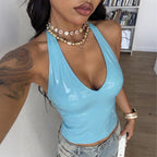Summer Women Solid Color Sexy SL Halter Vest Faux Leather