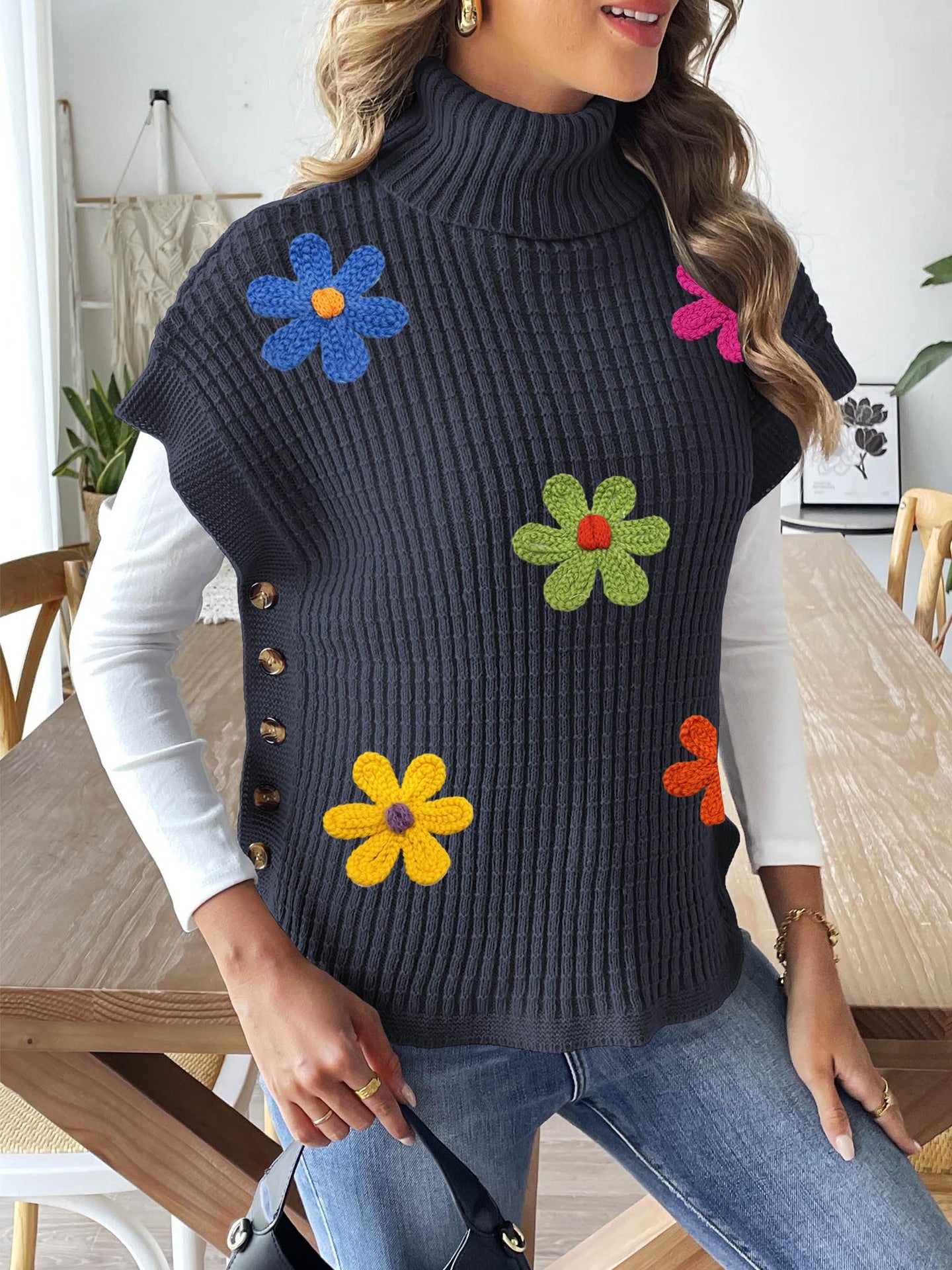 Dark Blue 5 Wool Flowers