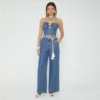 Women Tube Top Halter Loose Wide Leg Denim Two Piece Sets