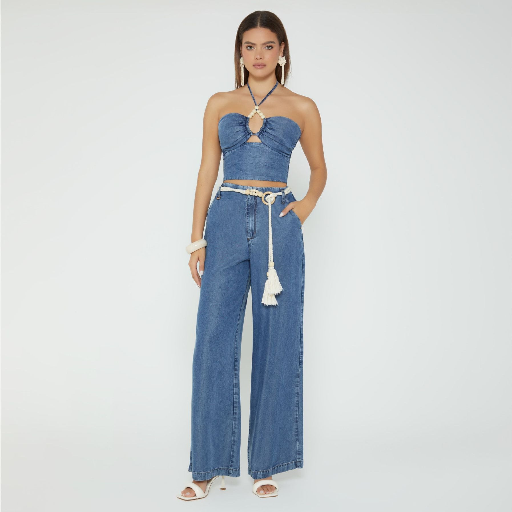 Women Tube Top Halter Loose Wide Leg Denim Two Piece Sets